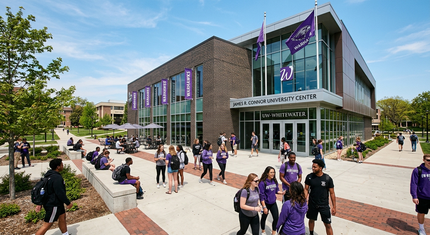 James R. Connor University Center at UW-Whitewater, modern building exterior with students gathering outside, purple Warhawk banners, sunny day