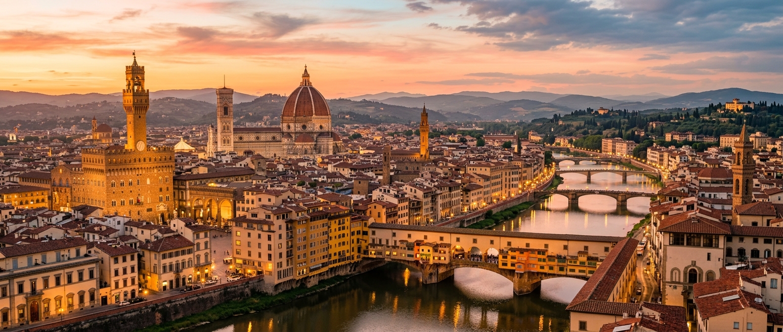 Panoramic view of Florence Italy skyline at sunset, Brunelleschi's Dome, Palazzo Vecchio tower, Arno River with Ponte Vecchio, Tuscan hills in the distance, warm golden light
