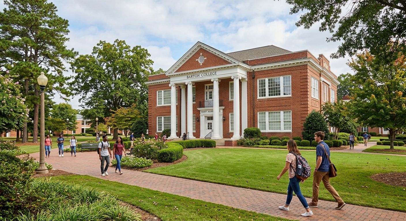 Barton College main academic building, classic red brick architecture with columns, students walking on pathways, green trees and manicured lawns