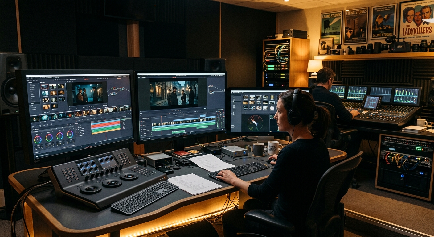 Professional post-production editing suite at Ealing Studios London, multiple monitors displaying video editing software timelines, warm ambient lighting, film equipment and sound mixing console visible in background