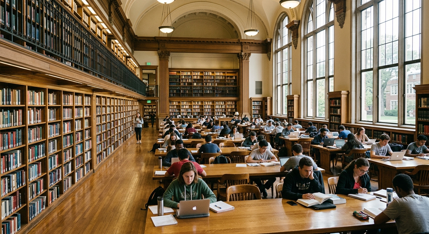 Large university library interior with rows of bookshelves, reading areas, natural lighting through tall windows, and students studying at desks