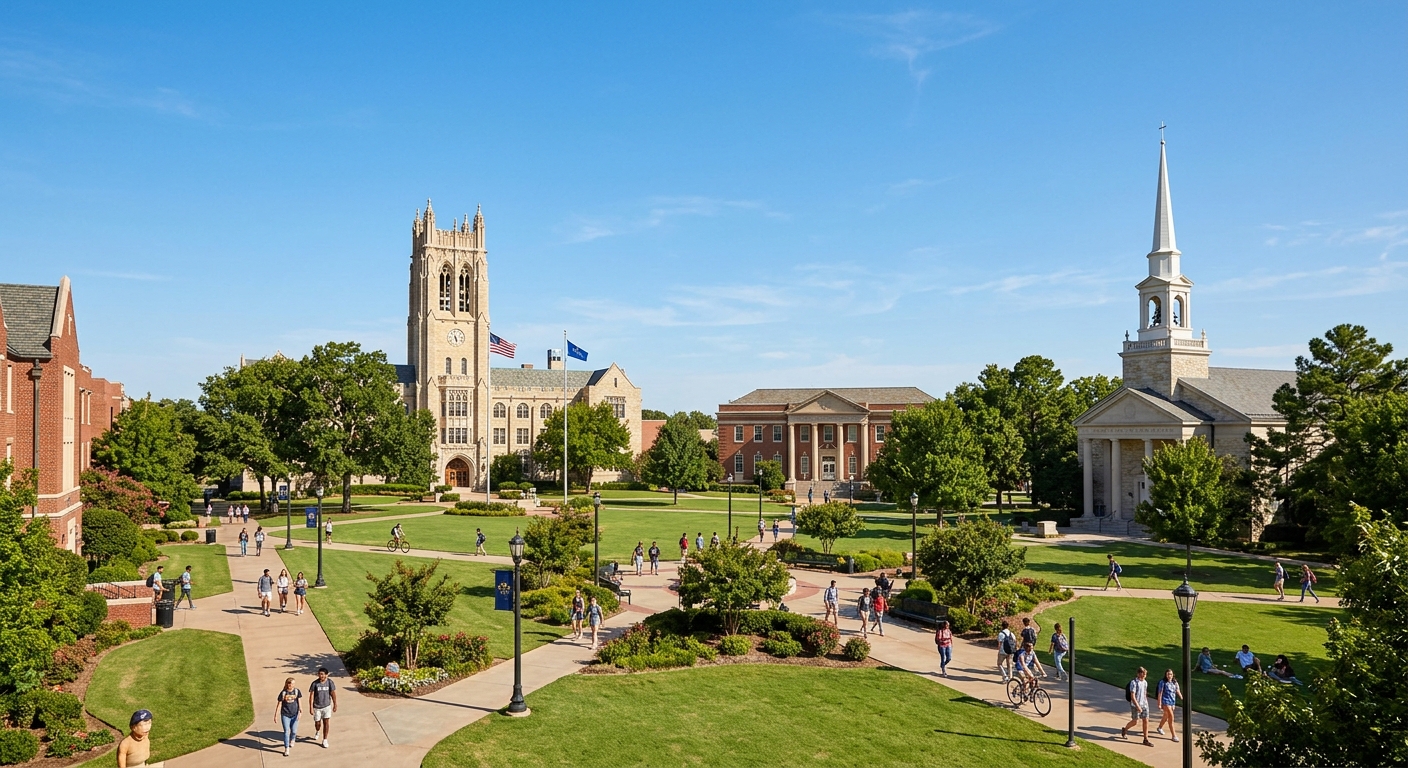 Oklahoma City University campus wide shot showing historic Gold Star Memorial Building, Clara Jones Administration Building, tree-lined walkways, and the Bishop W. Angie Smith Chapel under clear blue Oklahoma sky