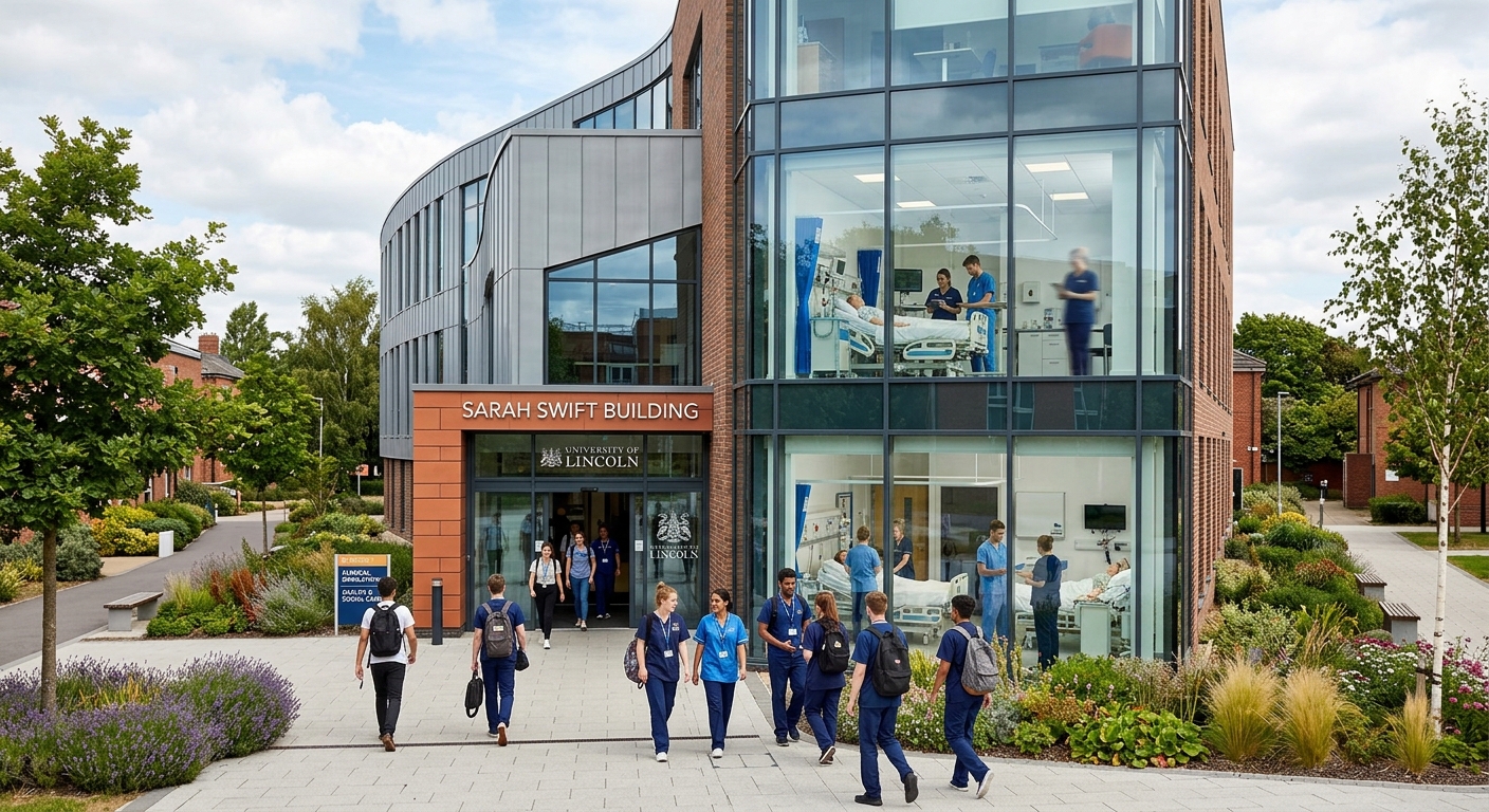 University of Lincoln Sarah Swift Building, modern healthcare training facility, clinical simulation suites visible, landscaped surroundings, students entering the building