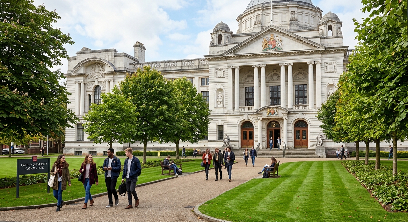 Cardiff University Cathays Park campus, grand Main Building with Portland stone columns, manicured lawns, students walking along tree-lined pathways, Edwardian civic architecture