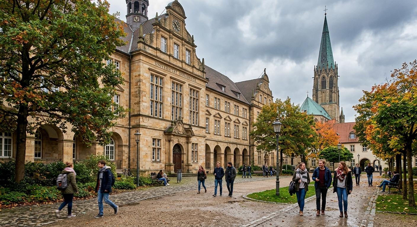 Historic Osnabrück University campus building with sandstone facade, students walking through a tree-lined courtyard, Gothic church spire visible in the background, overcast German sky