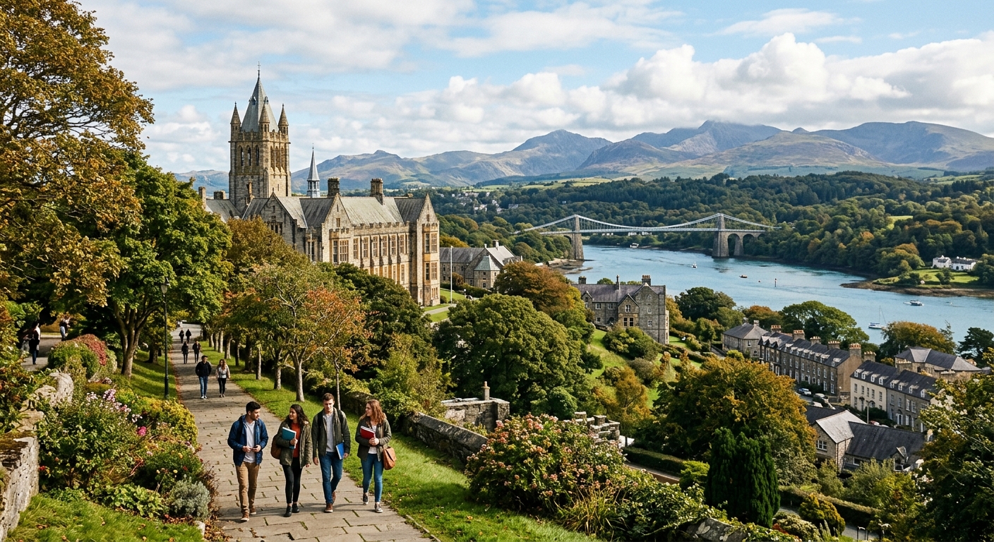 Bangor University campus with historic stone buildings nestled between Snowdonia mountains and the Menai Strait, students walking along tree-lined paths in North Wales, United Kingdom