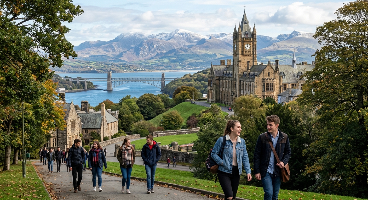 Bangor University historic campus with Main Arts building and clock tower, set against the backdrop of Snowdonia mountains and the Menai Strait in North Wales, students walking along tree-lined paths