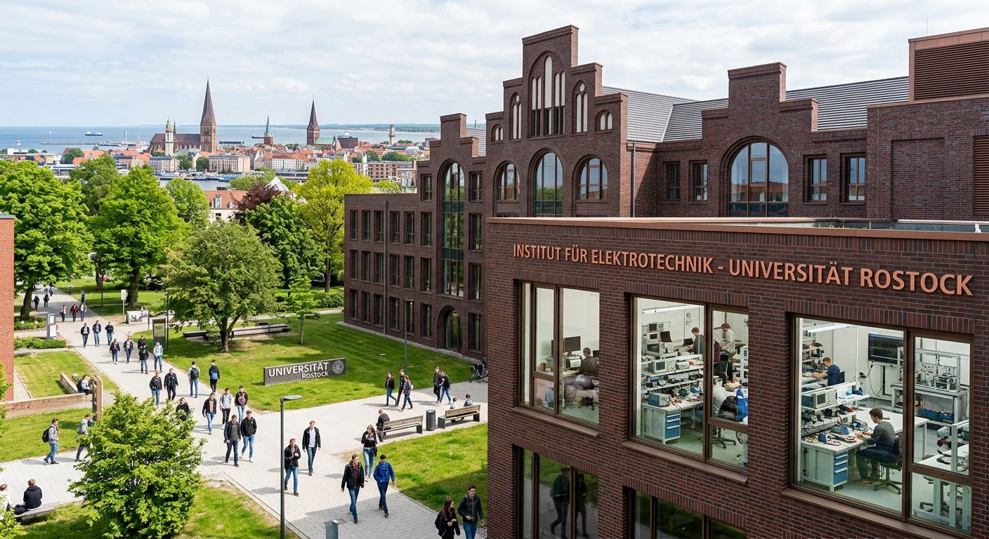 Modern university campus building at University of Rostock with red-brick Hanseatic architecture, electrical engineering laboratory equipment visible through large windows, green courtyard with students walking, Baltic Sea coastal city skyline in background, bright daylight