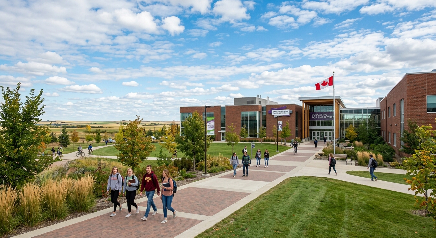 Modern college campus building in Saskatchewan prairie landscape, students walking between brick buildings, wide open sky with clouds, Canadian flag visible, welcoming educational environment