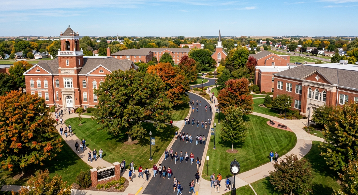 Dakota Wesleyan University campus in Mitchell South Dakota, red brick academic buildings surrounded by green lawns, students walking along tree-lined pathways, small-town Midwest setting with clear blue sky