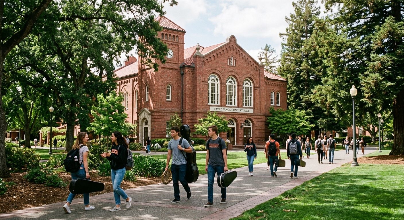 Historic Faye Spanos Concert Hall at University of the Pacific Conservatory of Music in Stockton California, red brick building with arched windows surrounded by mature trees and green campus grounds, students carrying instrument cases walking along tree-lined pathways