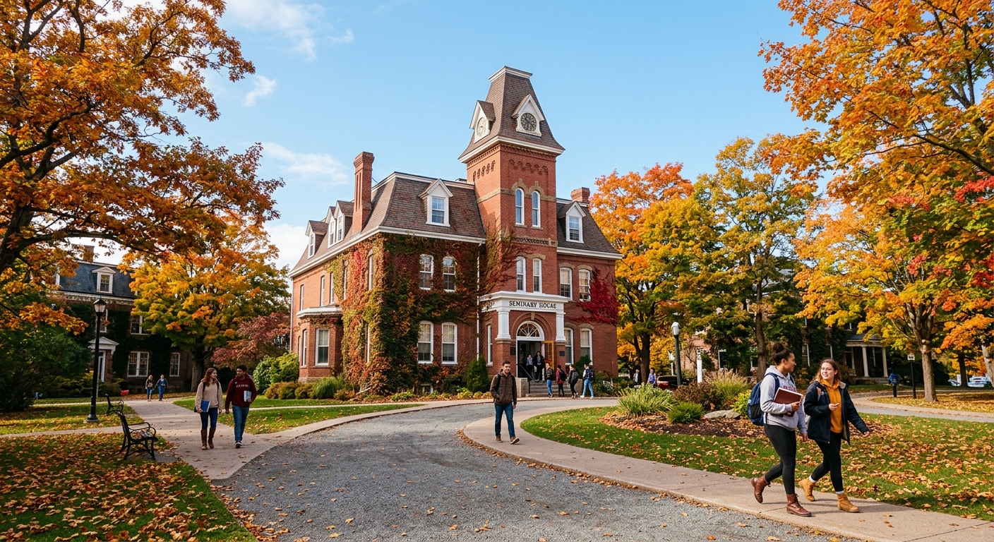 Historic red-brick academic building at Acadia University campus in Wolfville Nova Scotia, surrounded by mature trees with autumn foliage, students walking along pathways under a clear blue sky