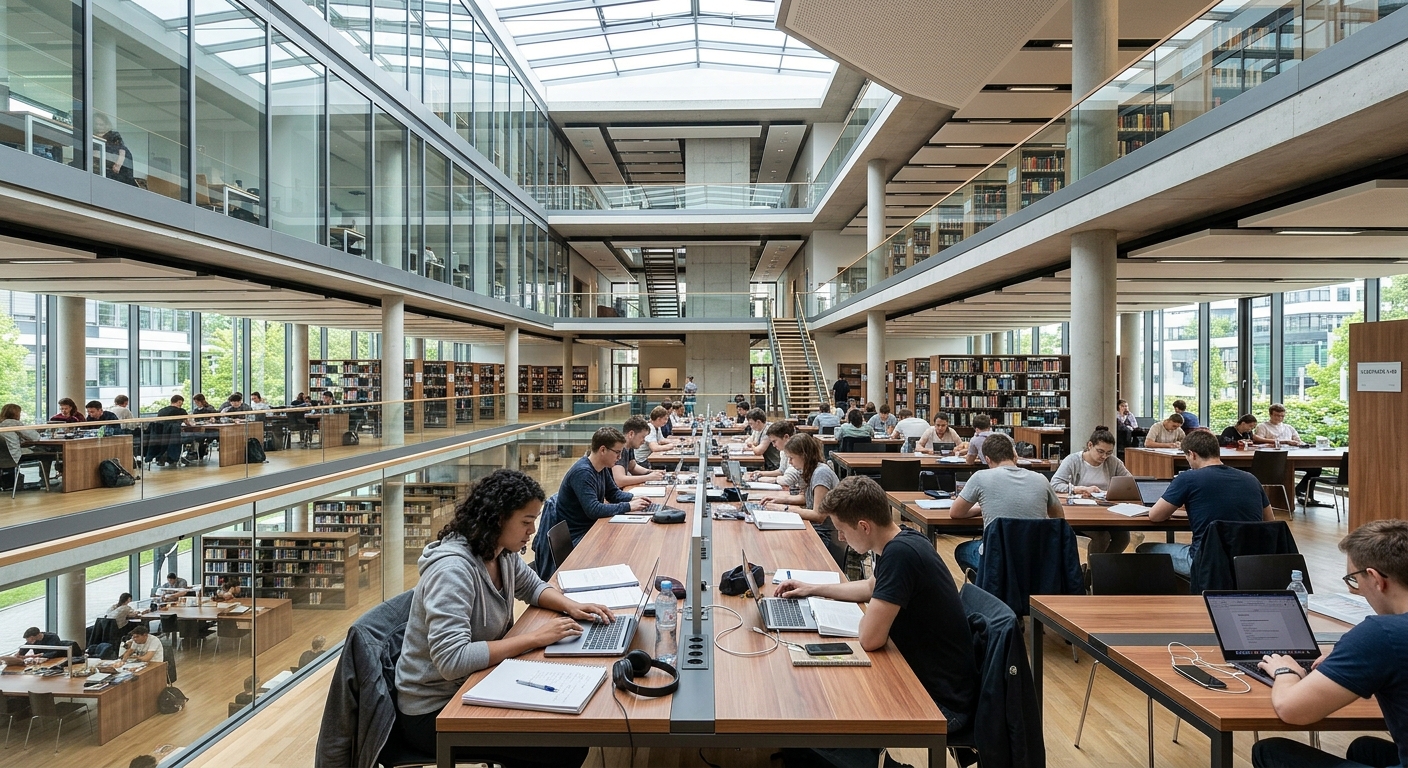University of Stuttgart library interior, open study spaces, modern design with natural lighting, students studying at desks with laptops