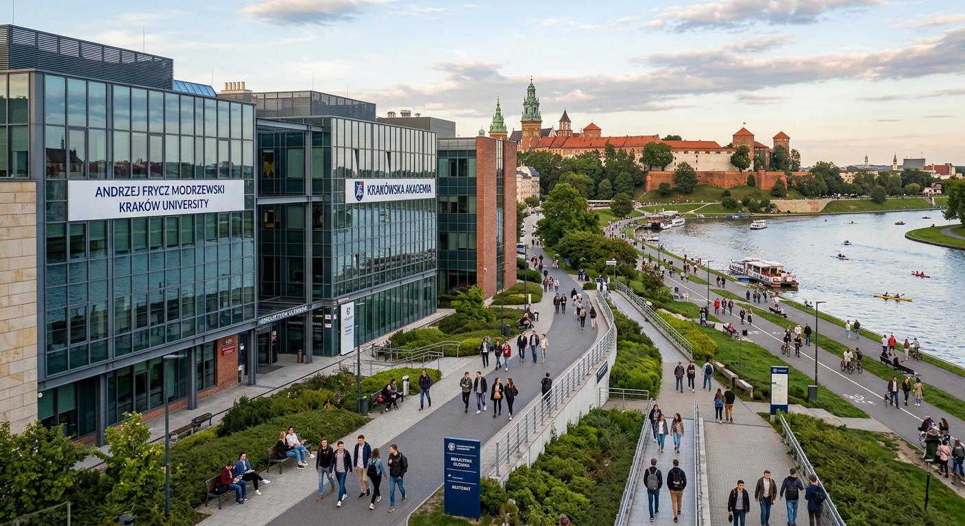 Modern university campus of Andrzej Frycz Modrzewski Krakow University along the Vistula river, contemporary academic buildings with glass facades, students walking on campus pathways, Krakow cityscape in background with historic architecture