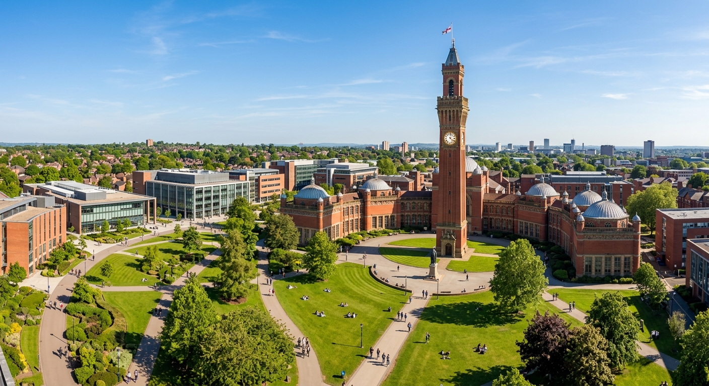 University of Birmingham Edgbaston campus wide-shot showing the iconic Joseph Chamberlain Memorial Clock Tower known as Old Joe, redbrick Chancellor's Court buildings, the Green Heart parkland, and modern campus buildings under a clear blue sky