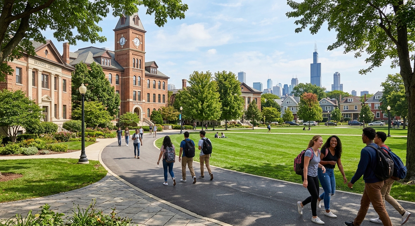 North Park University campus in Chicago with historic brick buildings, green lawns, and students walking along tree-lined pathways on a sunny day, urban skyline visible in the background