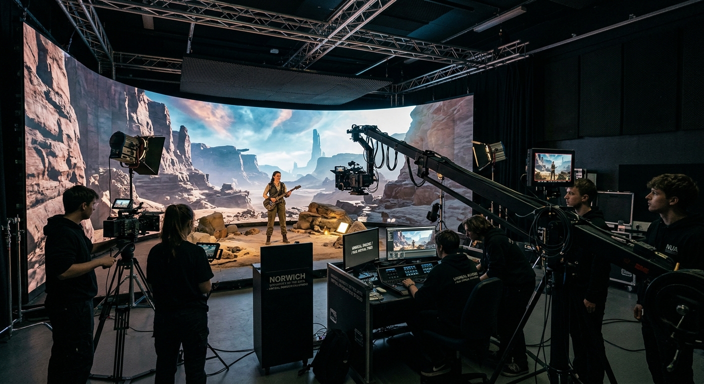 Norwich University of the Arts virtual production studio with LED volume screens, Sony cameras, and students working on immersive filmmaking projects in a dark studio environment