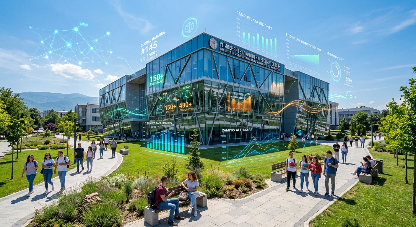 Modern university campus building in Skopje North Macedonia with glass facade, students walking on pathways, green landscaping, data visualization graphics overlaid, clear blue sky