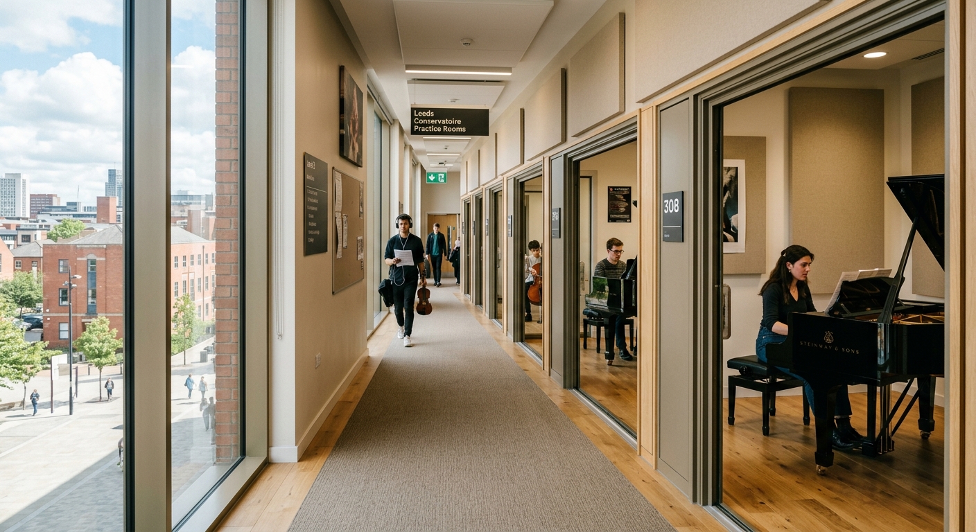 Leeds Conservatoire practice rooms corridor, soundproofed rooms with Steinway pianos, students rehearsing, natural light from large windows