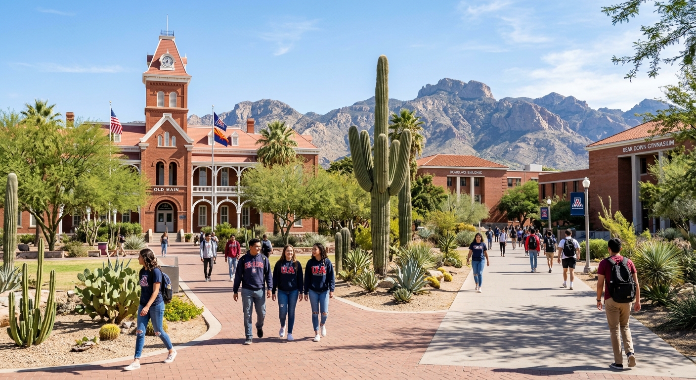 University of Arizona campus in Tucson with red brick buildings, desert landscape, saguaro cacti, and students walking along sunny pathways with mountain ranges in the background