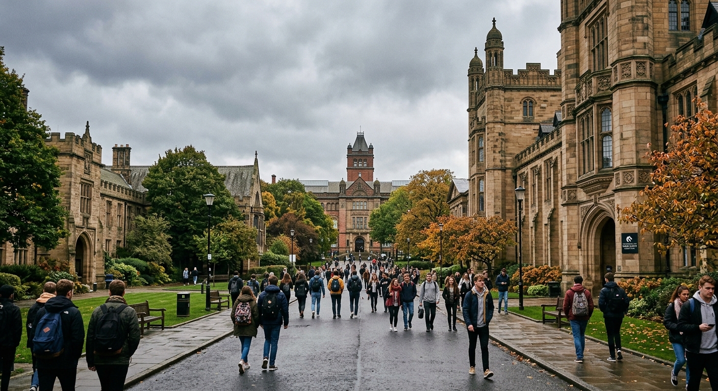 Newcastle University campus with historic stone buildings, the Great North Museum Hancock visible in background, students walking along tree-lined pathways, overcast North East England sky