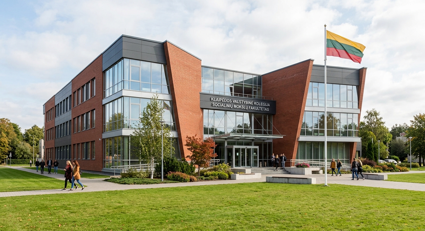 Klaipeda State College Faculty of Social Sciences building exterior, modern institutional architecture with large windows, green lawn in foreground, Lithuanian flag