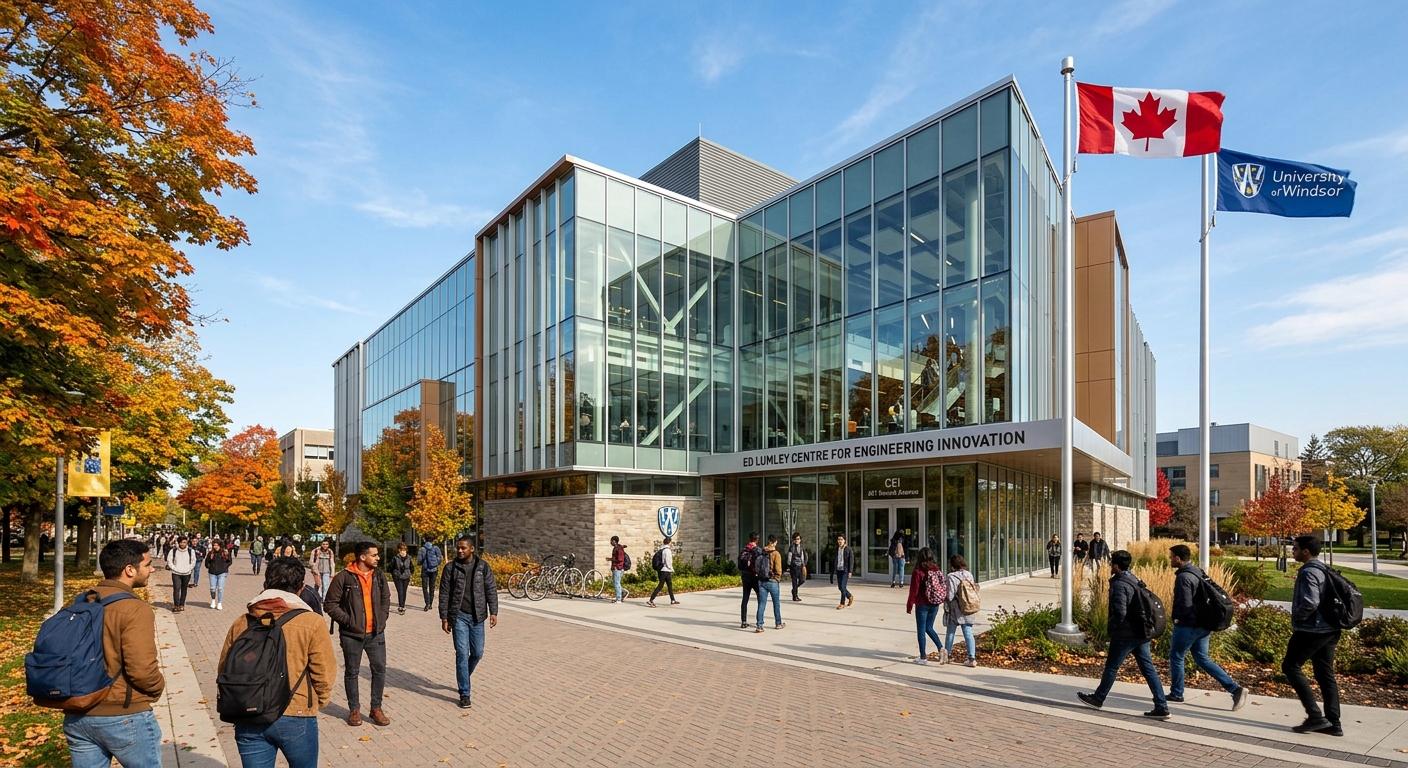 Ed Lumley Centre for Engineering Innovation at University of Windsor, modern glass and steel building with students walking on campus, Canadian flag visible, bright autumn day with trees along the walkway