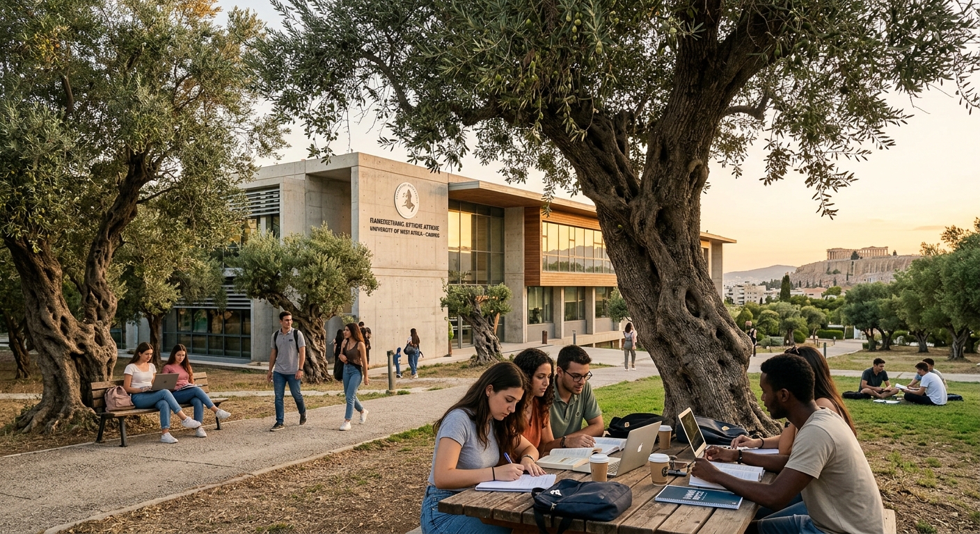 Ancient Olive Grove Campus of UniWA, historic olive trees surrounding modern educational buildings, Athens Greece, warm golden light, students studying outdoors