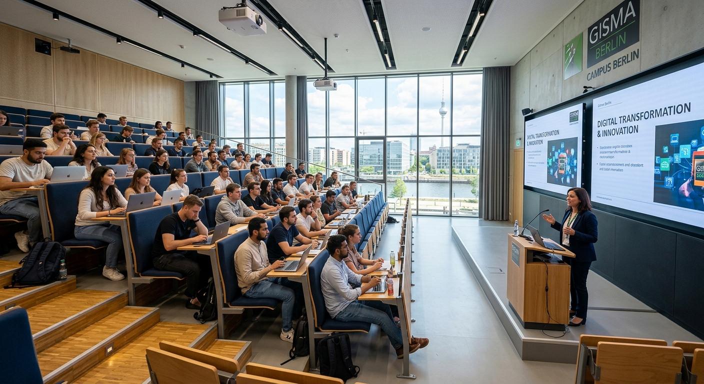 Modern lecture hall at Gisma Berlin campus with tiered seating, large digital screens, and natural lighting from floor-to-ceiling windows