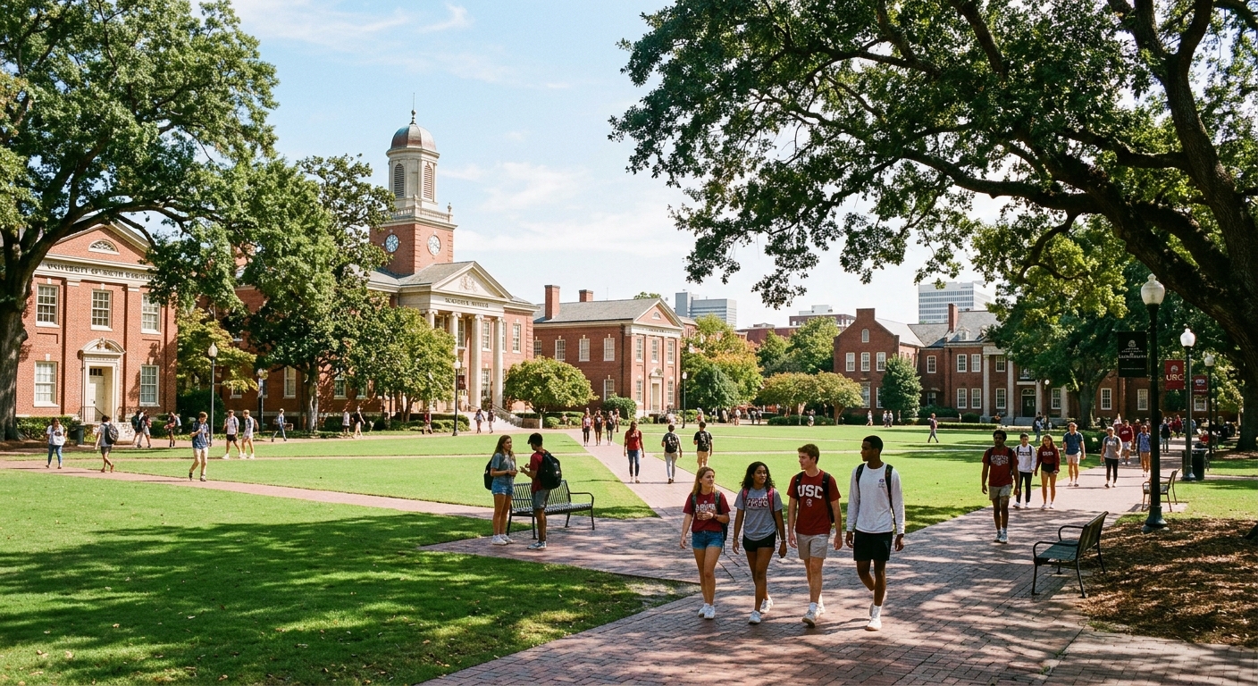 University of South Carolina campus in Columbia with the historic Horseshoe green space, red brick buildings, and students walking under oak trees on a sunny day