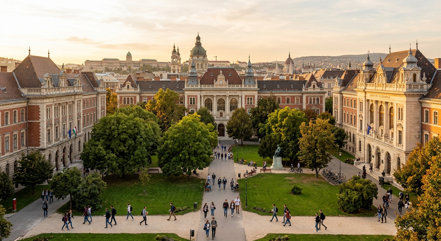 University of Veterinary Medicine Budapest historic campus wide shot, 19th-century Neo-Renaissance buildings with ornate facades, green courtyard with mature trees, students walking along paths, Budapest cityscape in background, warm golden hour light