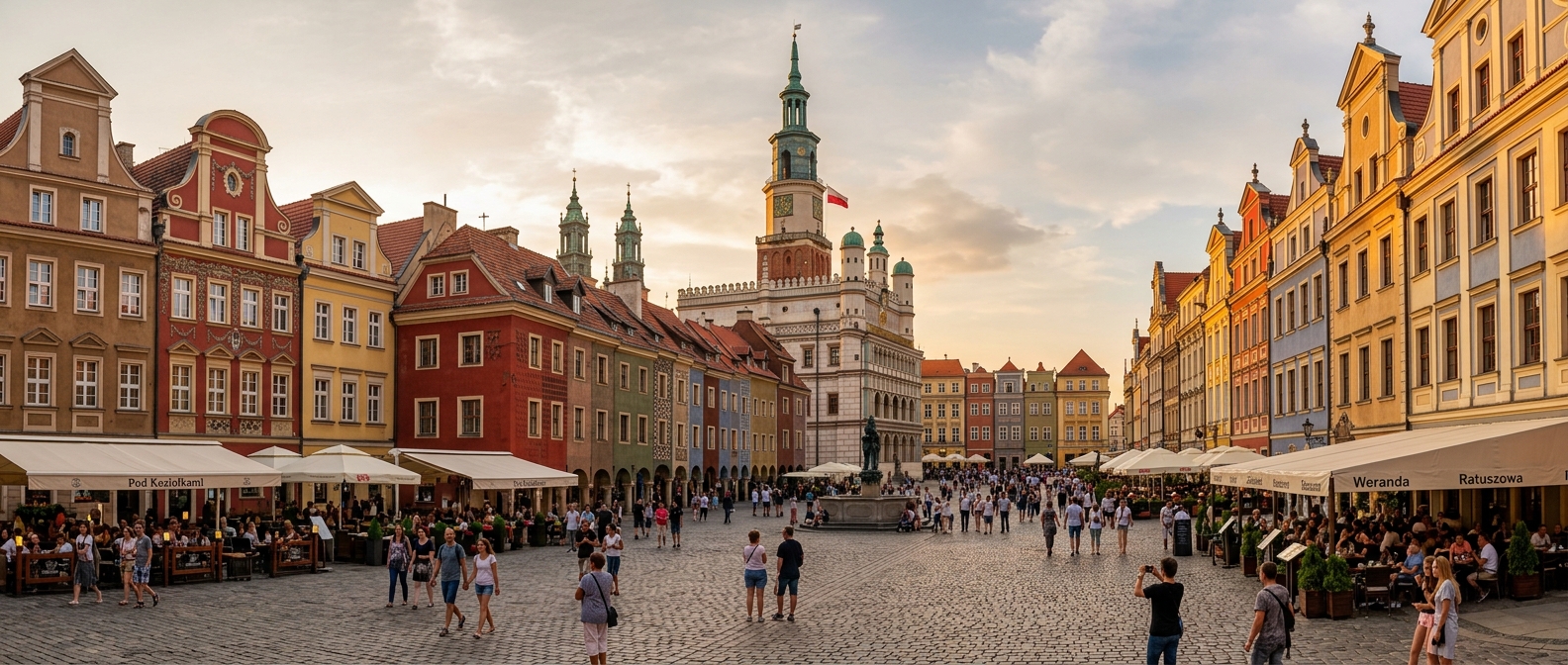 Poznan Old Market Square panoramic view, colorful Renaissance merchant houses, historic Town Hall, outdoor cafes, people strolling, golden hour light