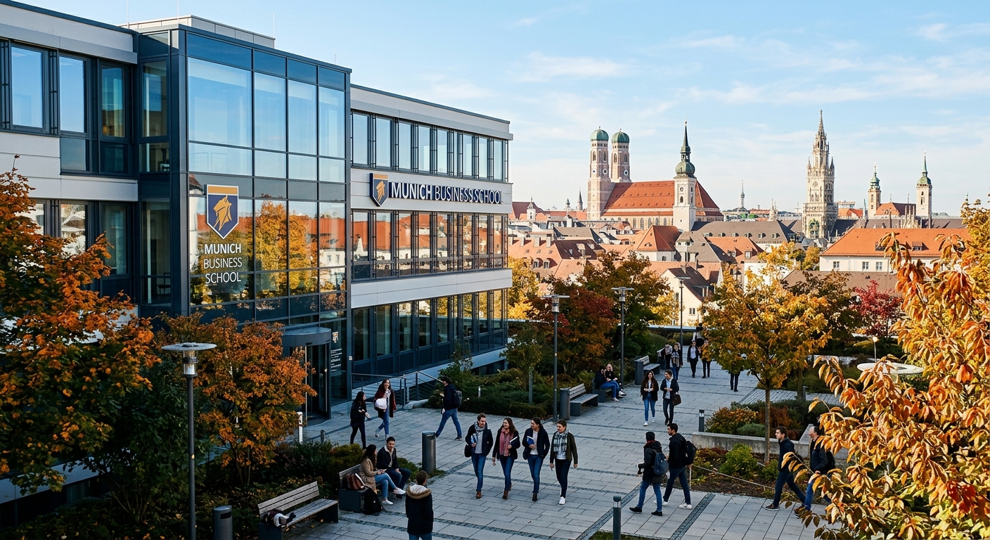 Modern Munich Business School campus building exterior with glass facade, students walking through courtyard, Munich cityscape with traditional Bavarian architecture in the background, bright autumn day