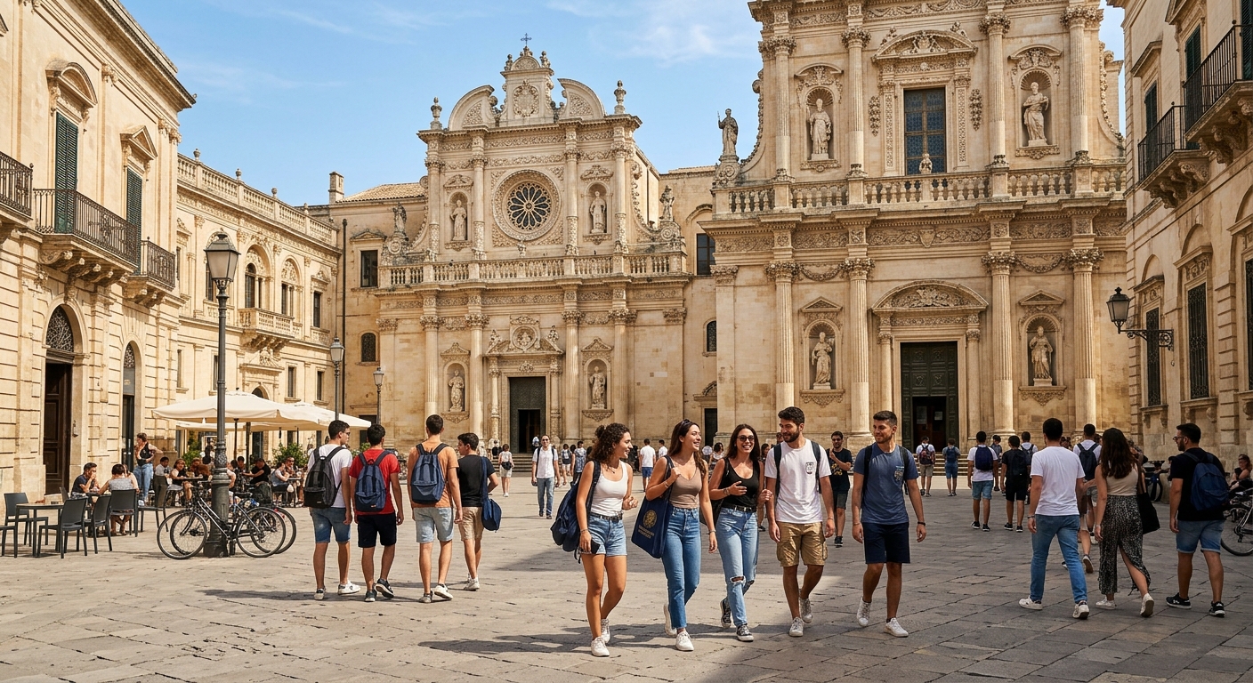 Baroque architecture of Lecce city center near University of Salento campus, historic stone buildings with ornate facades, students walking through sunlit Italian piazza, southern Italy atmosphere