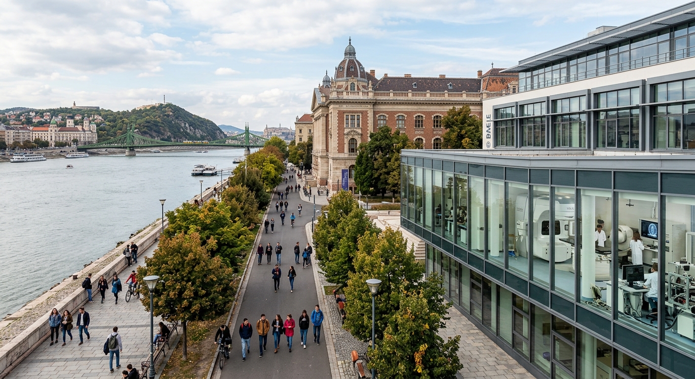 Budapest University of Technology and Economics campus along the Danube river, historic academic buildings with modern laboratory facilities, medical physics equipment visible through windows, students walking on tree-lined pathways with Budapest cityscape in background