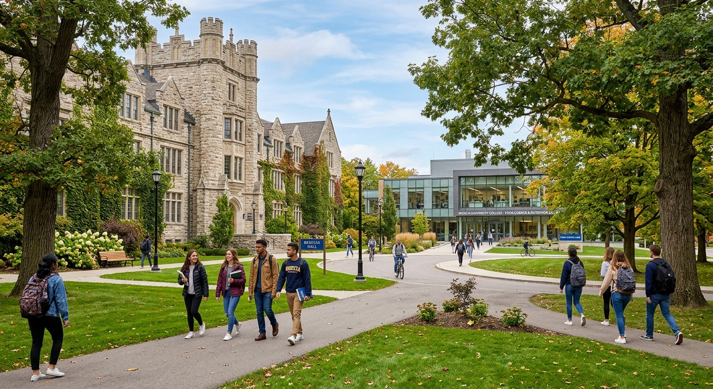 Brescia University College campus in London Ontario Canada, historic stone buildings surrounded by green lawns and mature trees, students walking along pathways with modern food science laboratory visible in background