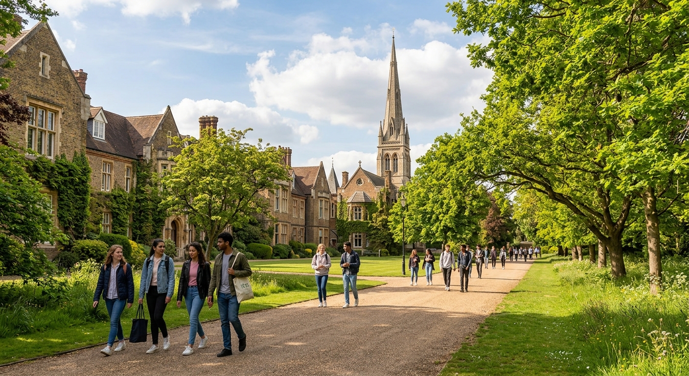 Historic University of Roehampton campus in southwest London with parkland grounds, traditional college buildings, chapel spire visible, students walking along tree-lined paths on a sunny day