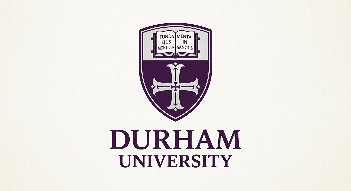 Durham University official logo featuring a shield crest with a cross and open book, dark purple and white color scheme