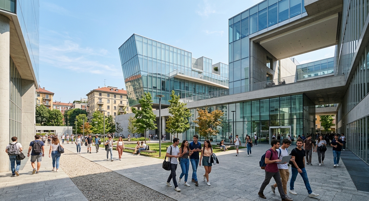 Bocconi University modern campus in Milan Italy, contemporary architecture with glass facades, students walking through courtyard, European urban setting with clear sky