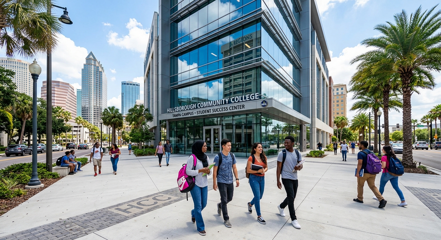 Modern downtown Tampa campus building with glass facade, international students walking with backpacks, palm trees and sunny Florida skyline in the background, vibrant urban academic setting