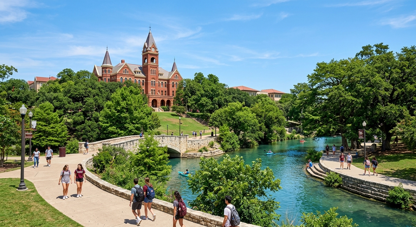 Texas State University San Marcos campus with Old Main building, lush green trees along the San Marcos River, students walking on pathways under clear blue Texas sky