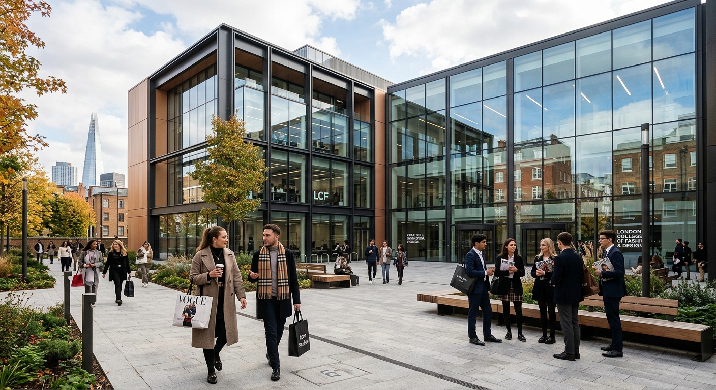 Elegant modern university campus building in London with glass facades, students walking through a stylish courtyard, luxury fashion magazines and brand logos subtly visible, professional and sophisticated atmosphere