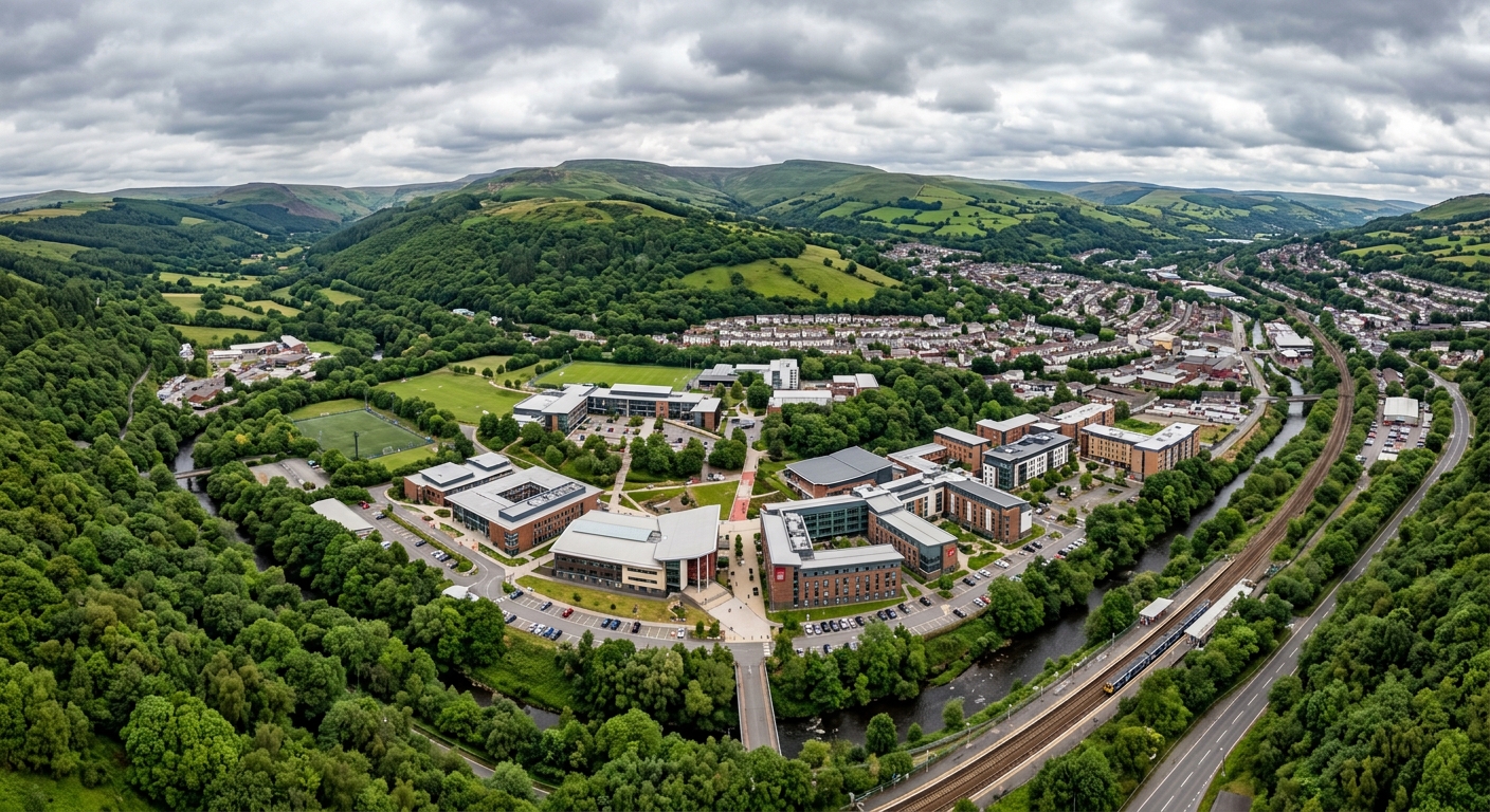 University of South Wales Pontypridd campus wide aerial view, modern buildings surrounded by green Welsh valleys, Treforest area with rolling hills in background, overcast sky typical of Wales