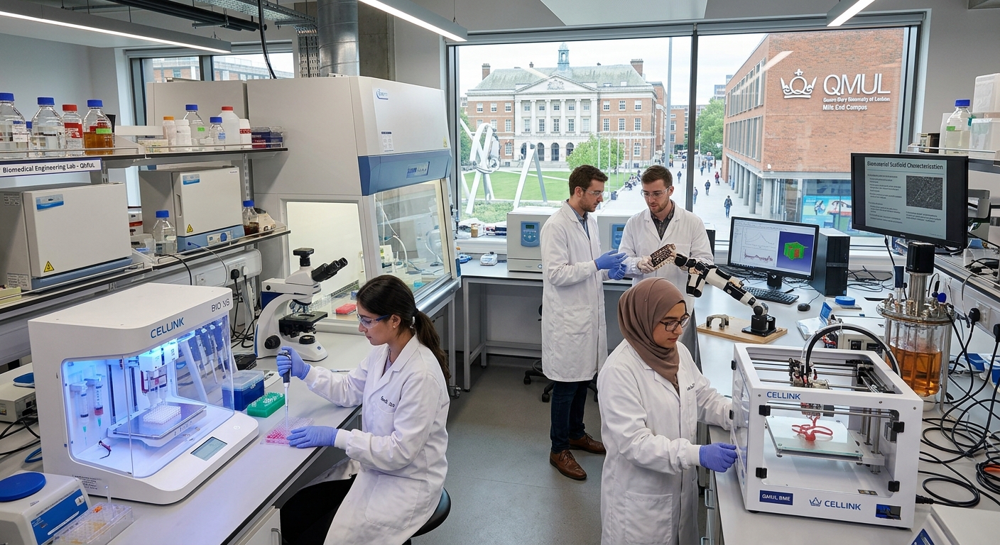 Modern biomedical engineering laboratory at Queen Mary University of London, students working with biomaterials and medical devices, clinical equipment and 3D bioprinters visible, bright LED lighting, Mile End campus building in background
