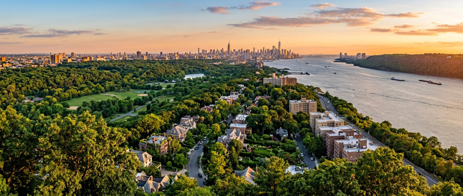 Panoramic view of the Bronx neighborhood of Riverdale with the Hudson River, green parkland of Van Cortlandt Park, and the Manhattan skyline visible in the distance at golden hour