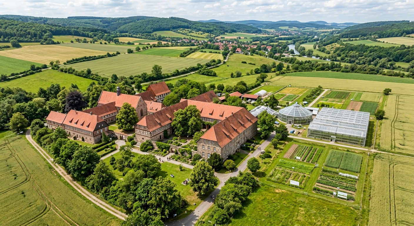 University of Kassel Witzenhausen campus, rural green setting with agricultural fields, research greenhouses, traditional German buildings surrounded by nature