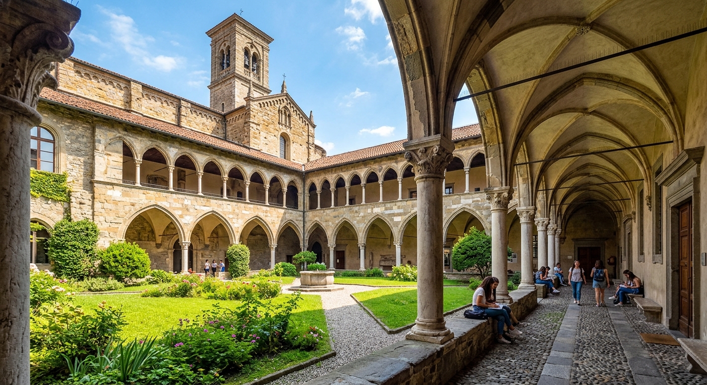 Historic cloister of the former Monastery of Saint Augustine, now the Sant'Agostino campus of the University of Bergamo, stone arches surrounding a green courtyard, medieval architecture, warm sunlight