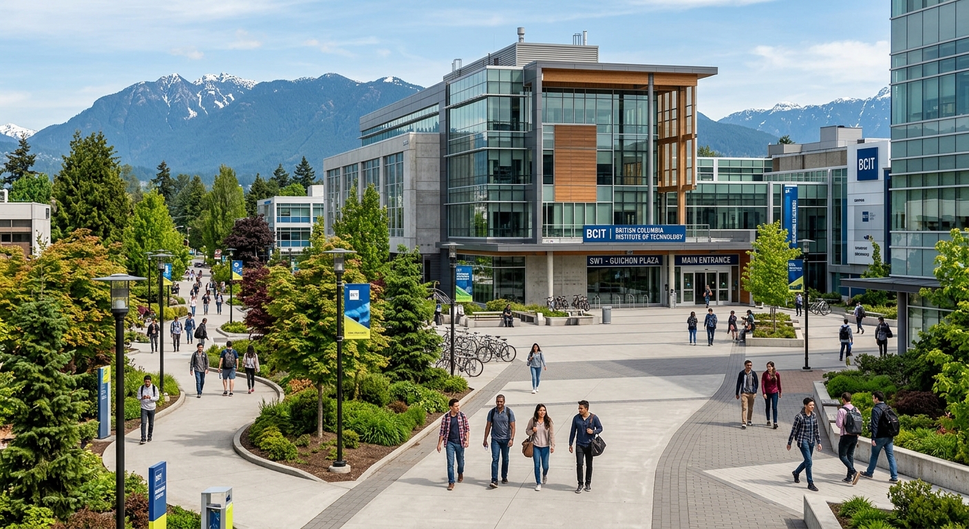 BCIT Burnaby Campus main entrance with modern institutional buildings, landscaped walkways, students walking between classes, and mountain views in the background