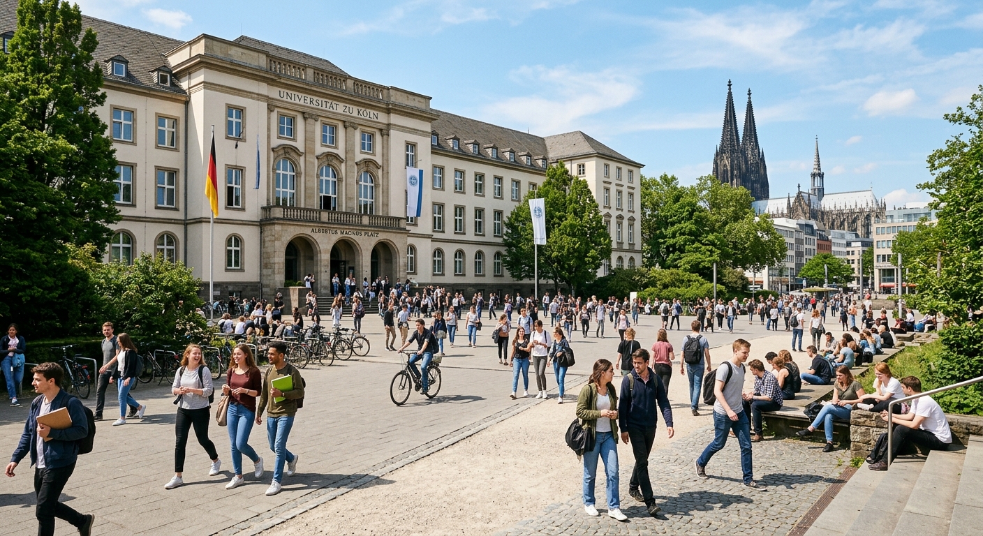 University of Cologne main building with the iconic Albertus Magnus Platz in the foreground, students walking across campus on a sunny day, Cologne Cathedral visible in the background, modern academic atmosphere