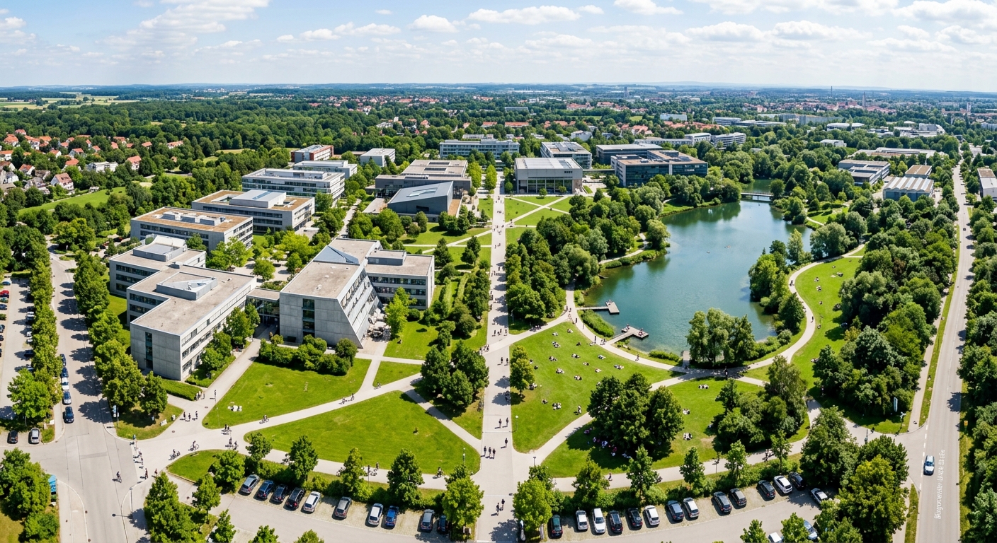 University of Augsburg main campus aerial view showing modern faculty buildings, green lawns, pedestrian pathways, and the Uni-See pond surrounded by trees